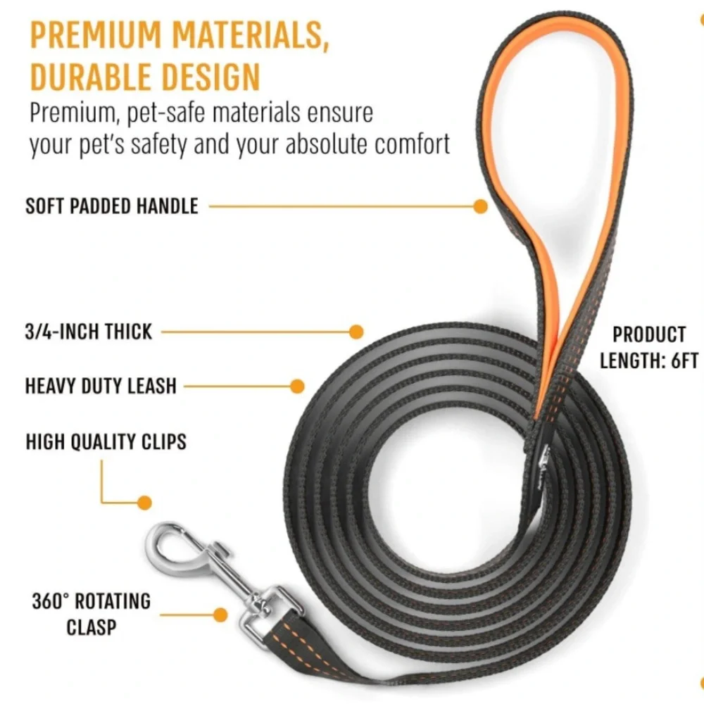 NEW! Heavy Duty Dog Leash with Padded Handle 6 Feet Long Black and Orange
